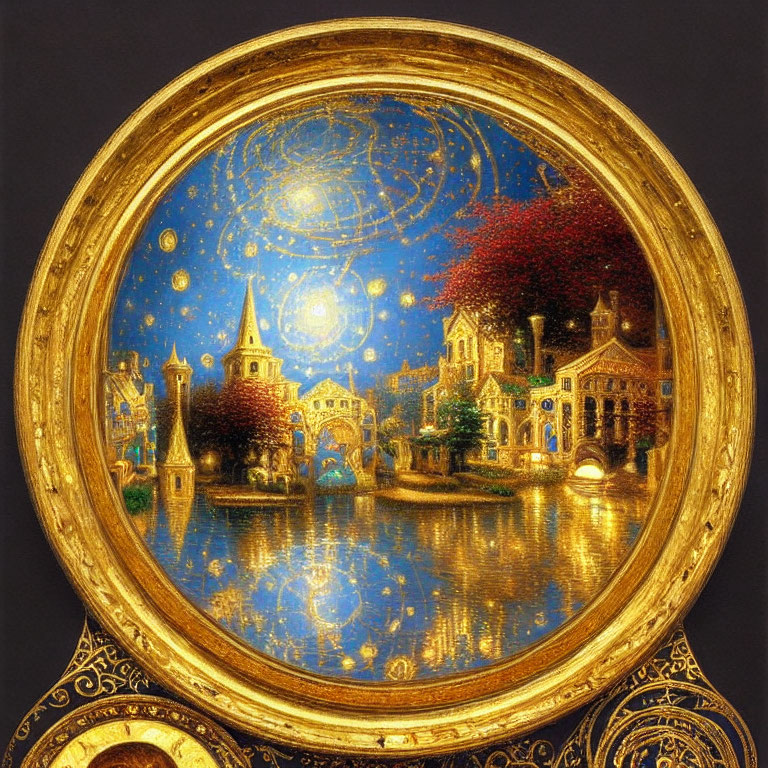Golden Frame Surrounds Vibrant Fantasy Village Painting