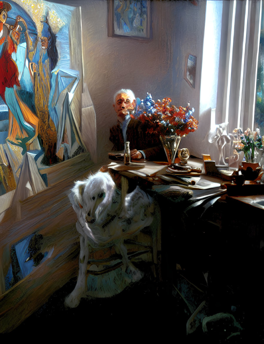 Elderly Man with White Dog Surrounded by Paintings and Window Light