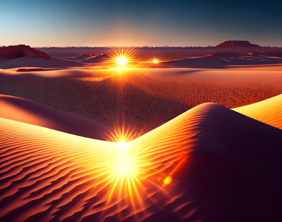 Desert landscape at sunset with sun casting long shadows