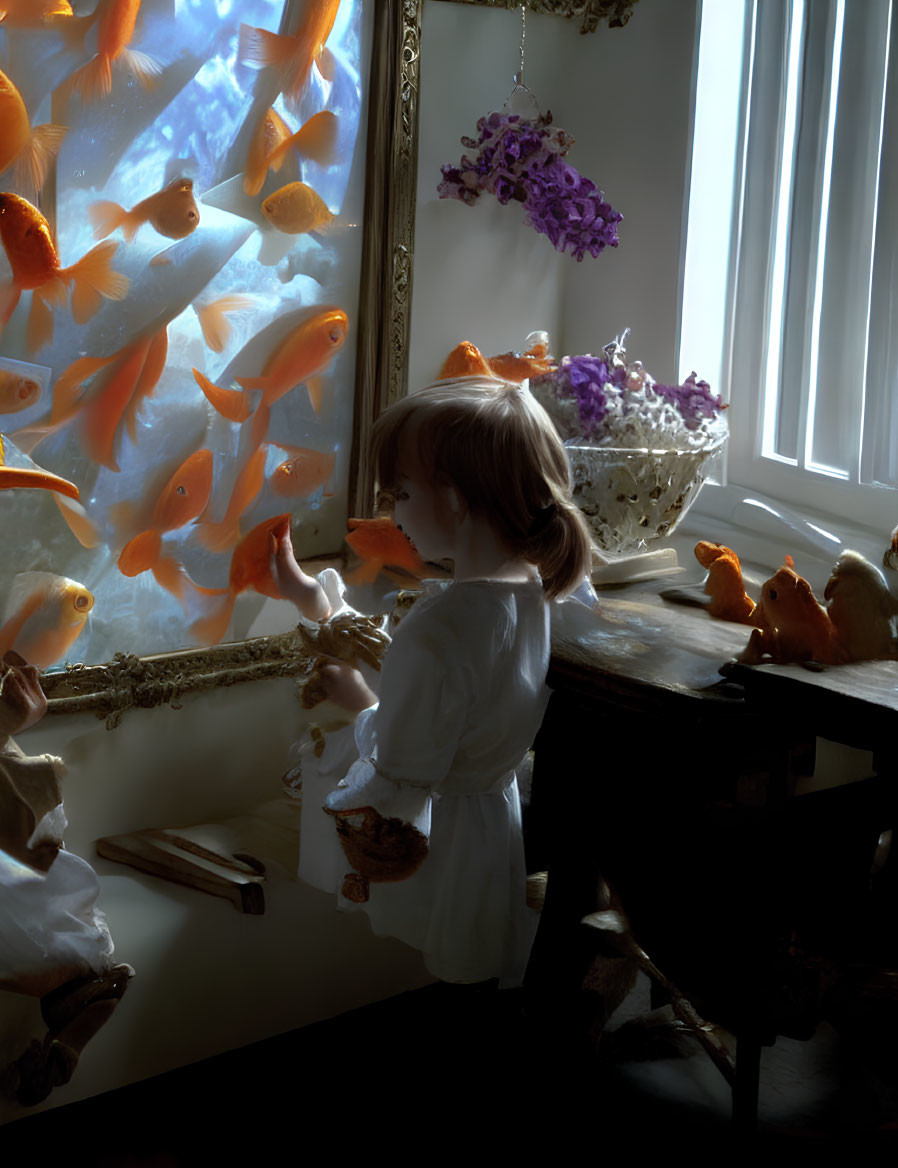 Child in white dress admires goldfish in ornate tank by sunlit window