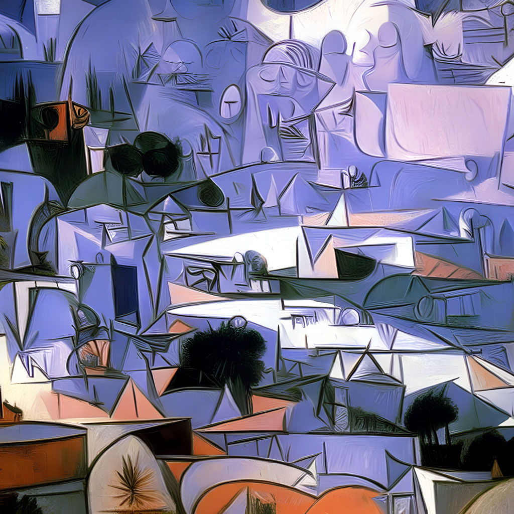 Cubist abstract painting in blue, white, and earth tones depicting a landscape with fragmented shapes.
