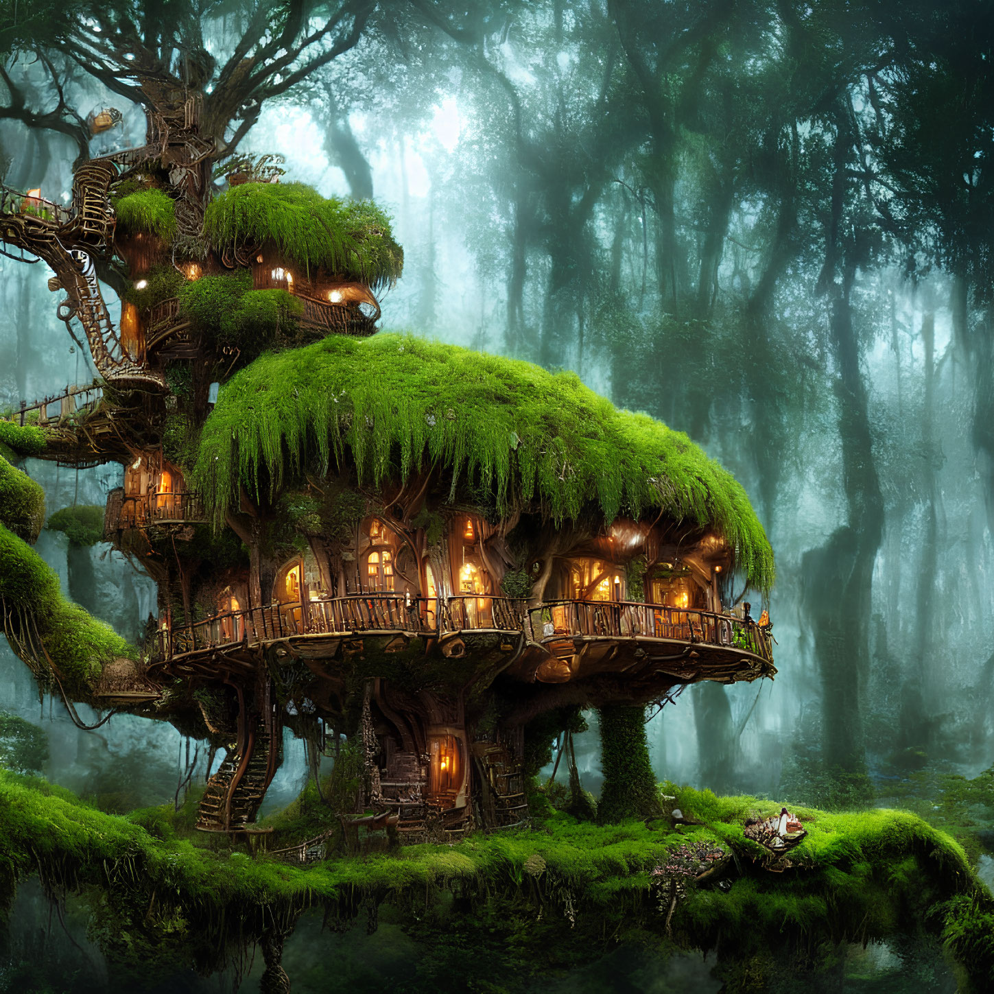 Enchanting treehouse with winding staircases in mystical forest