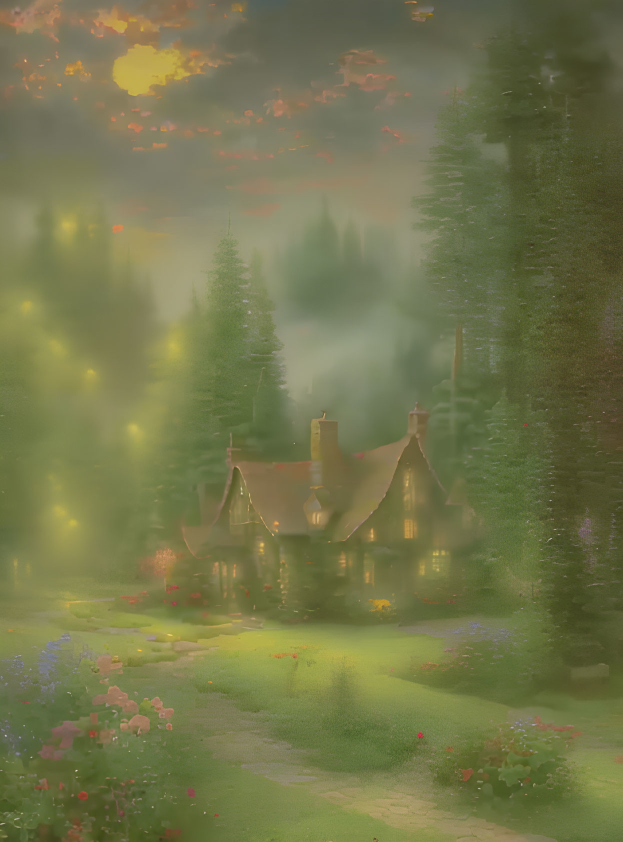 Cozy cottage with smoking chimneys in misty forest glade at sunset