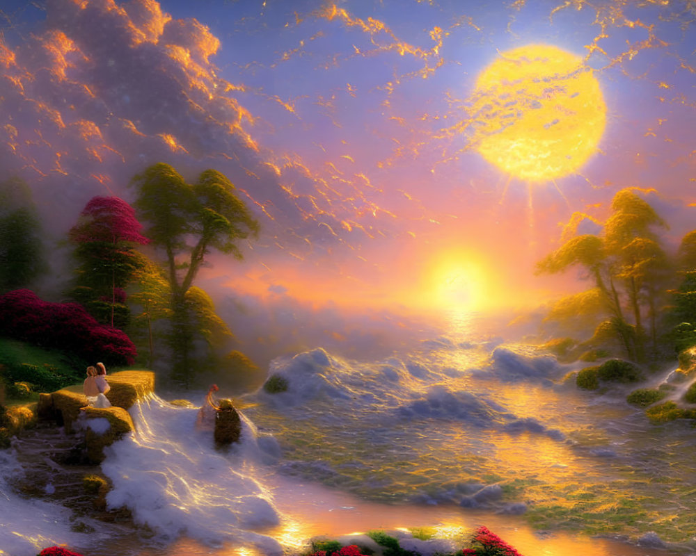 Surreal landscape painting with oversized sun, lush greenery, and reflective river