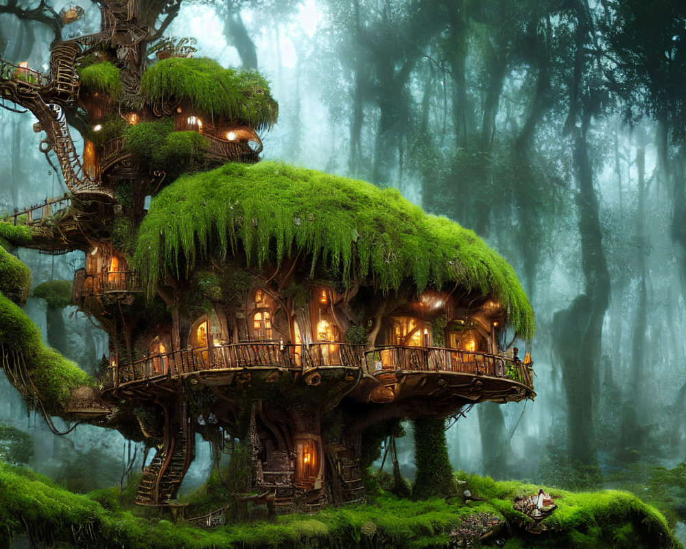 Enchanting treehouse with winding staircases in mystical forest