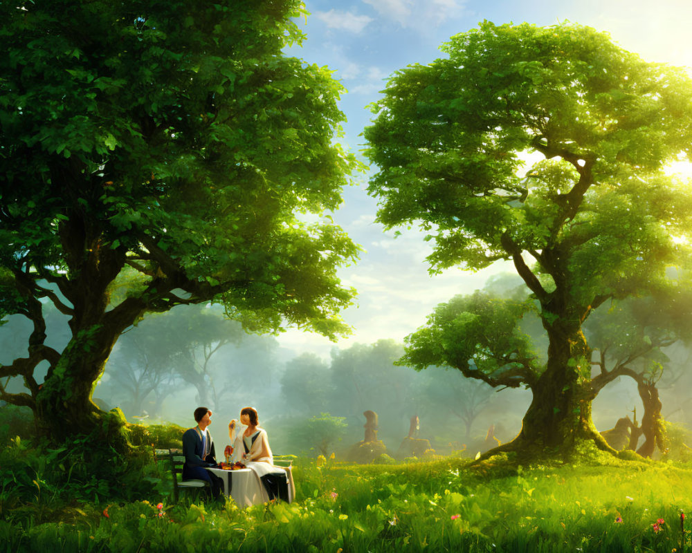 Couple's serene forest picnic amidst lush greenery