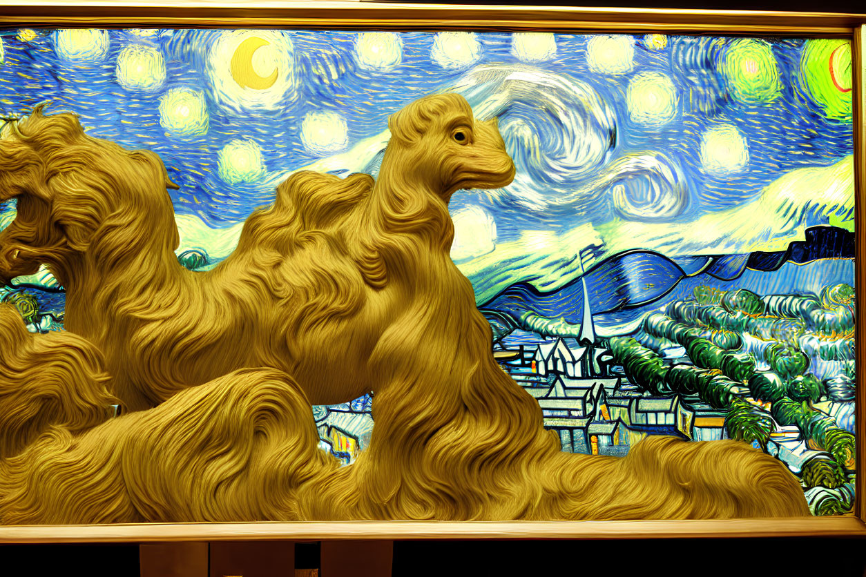 Three-dimensional landscape with camel shapes merging in swirling sky and village