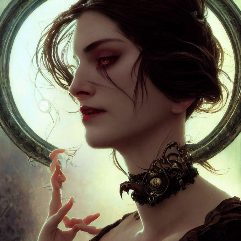 Pale gothic woman with red eyes conjures energy in circular frame