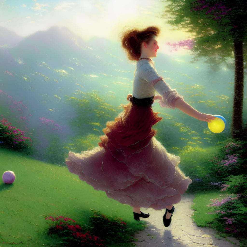 Woman in flowing dress touches light orb on magical forest path
