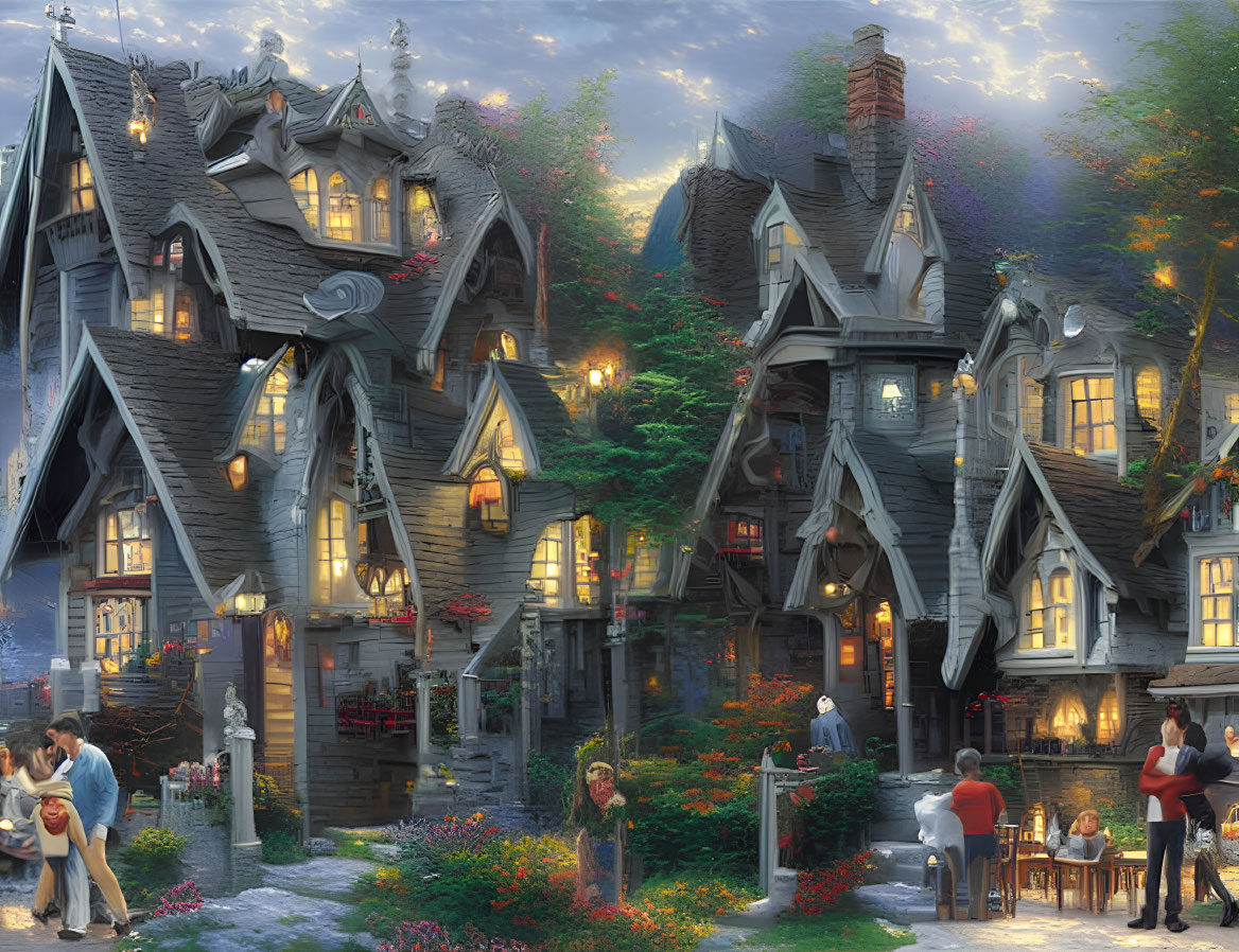 Enchanting fantasy village with Tudor-style houses and vibrant flowers at dusk