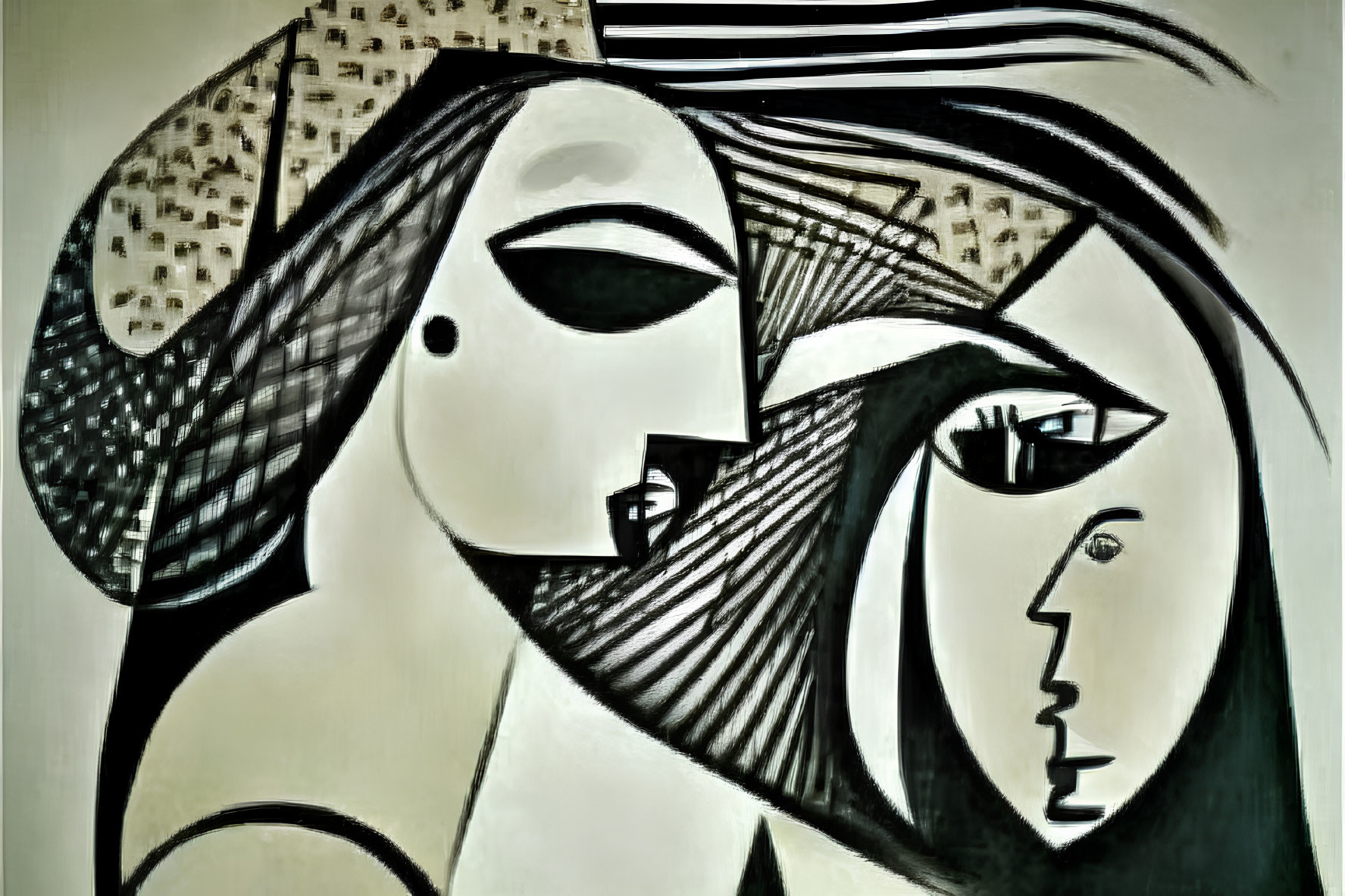 Monochrome Cubist faces with prominent eyes and noses