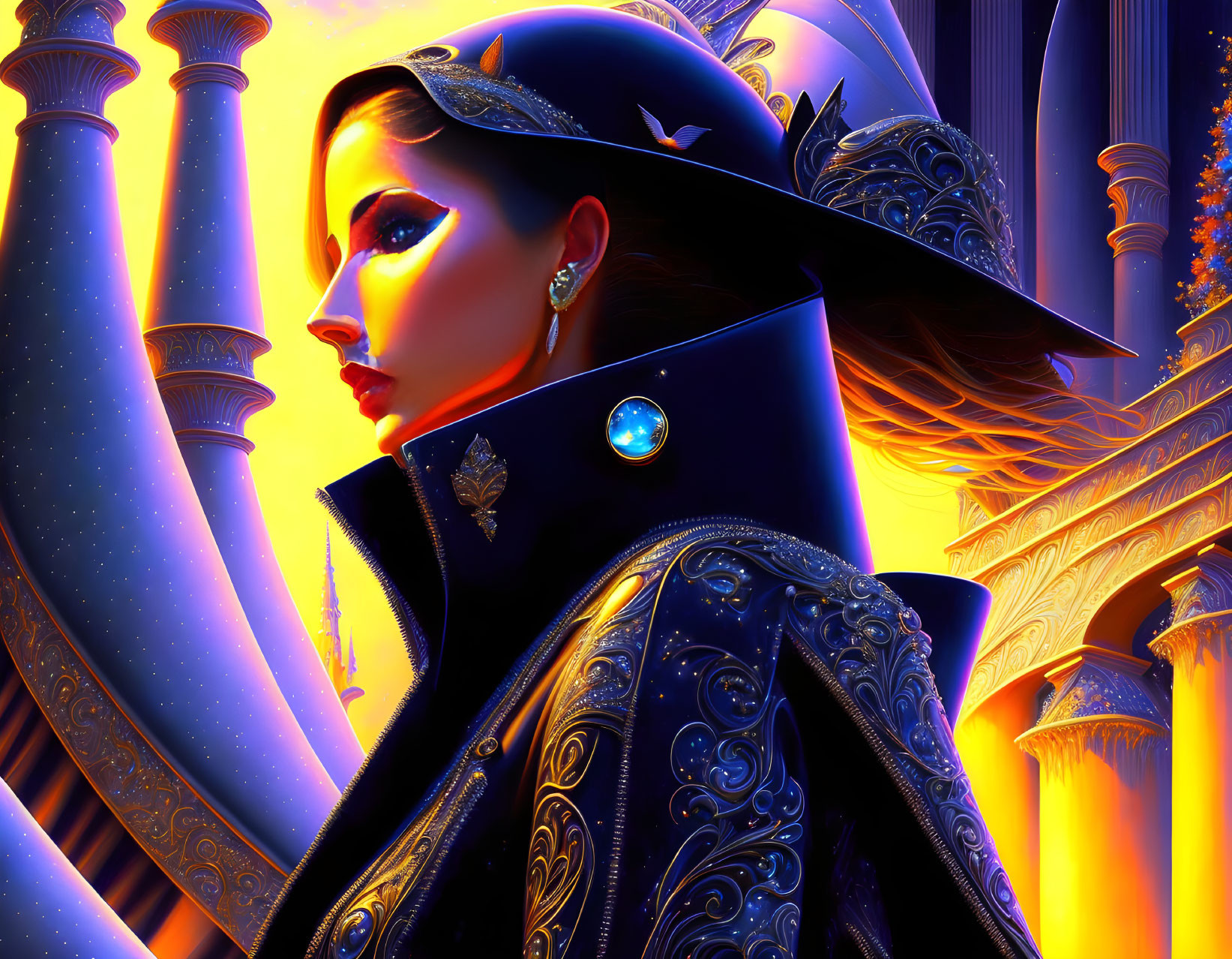 Digital art portrait of woman in blue cloak and hat with golden columns and starry sky.