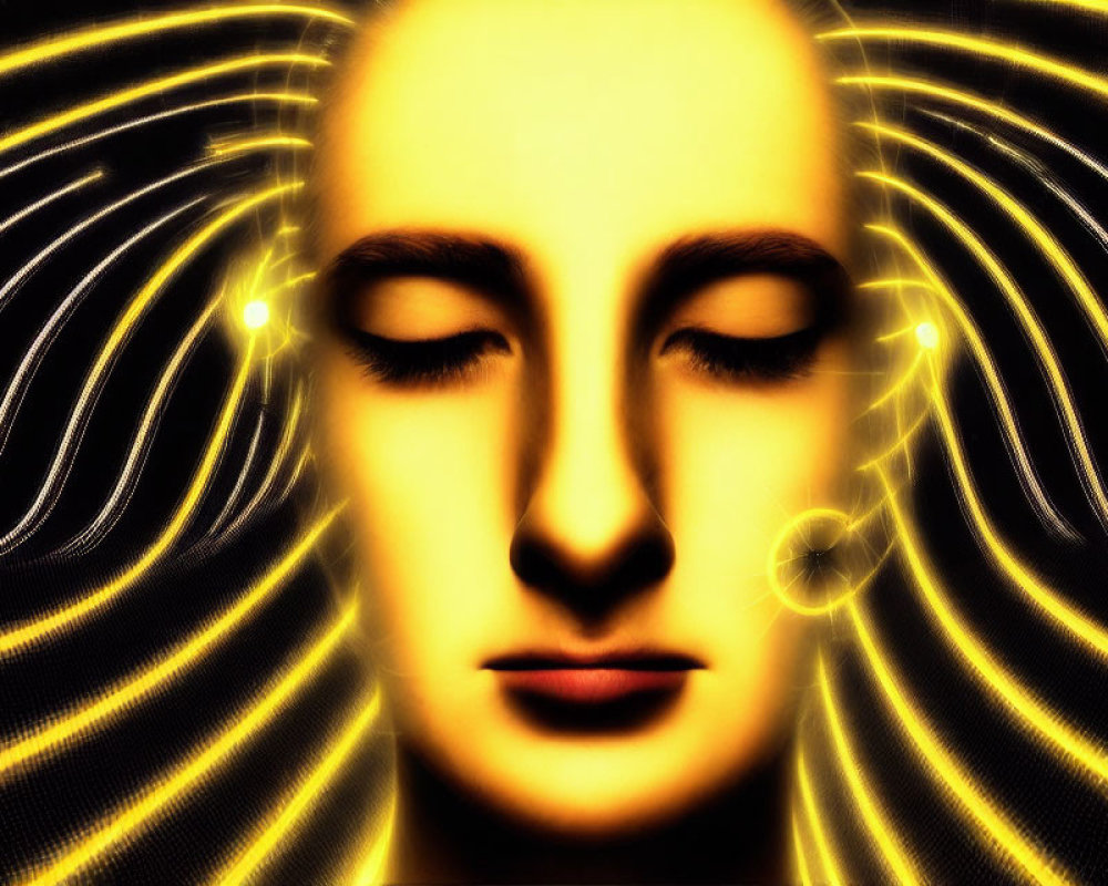 Serene face in surreal digital artwork with abstract yellow light waves and musical notes