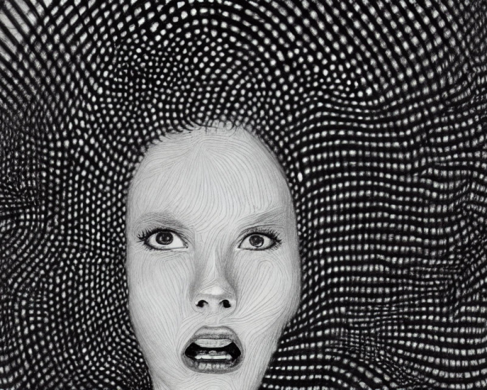 Surprised woman's face with swirling patterns in pencil art
