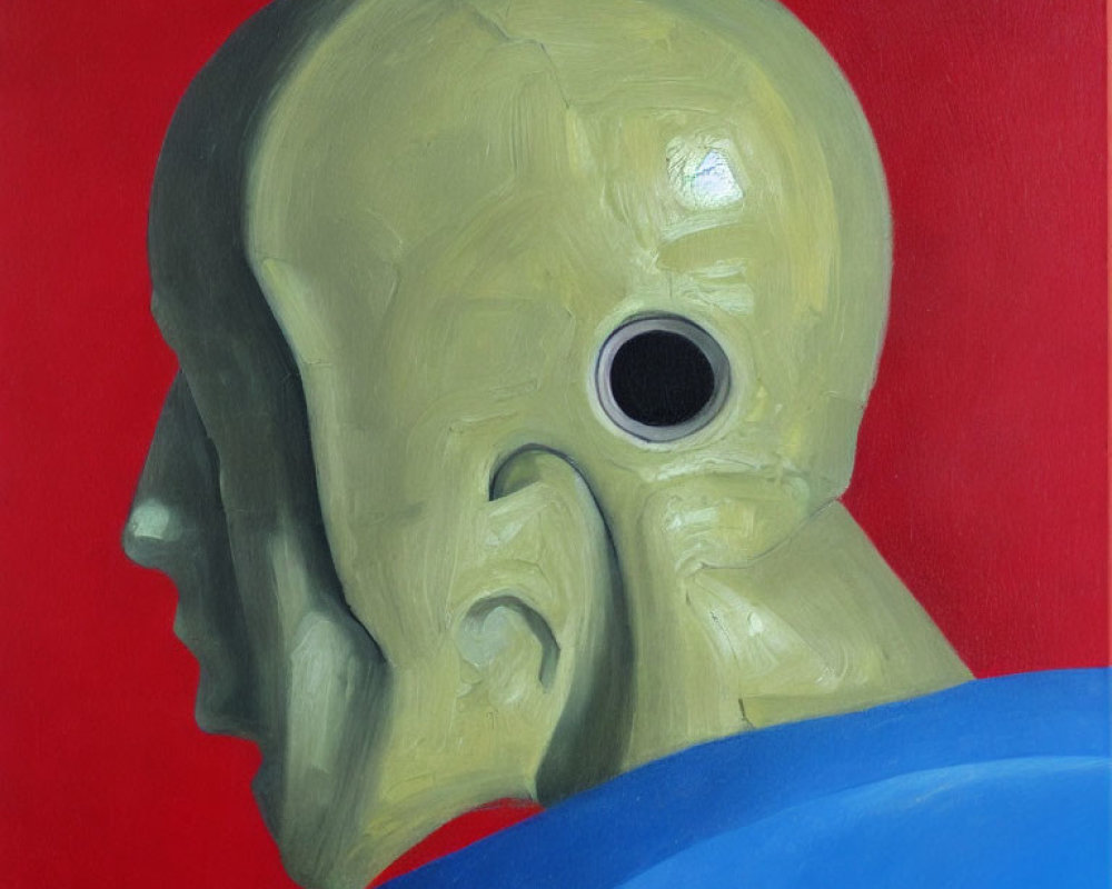 Abstract dual-profile head painting with normal and distorted faces.