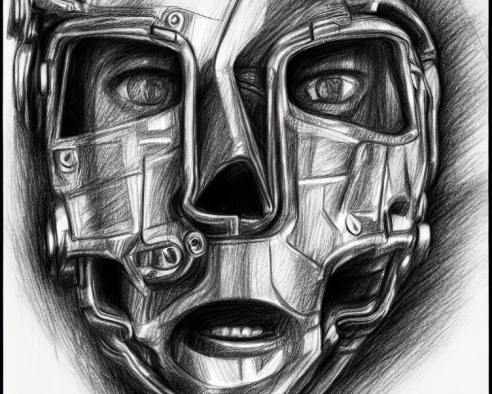 Detailed pencil sketch of a cyborg-inspired human face with mechanical elements