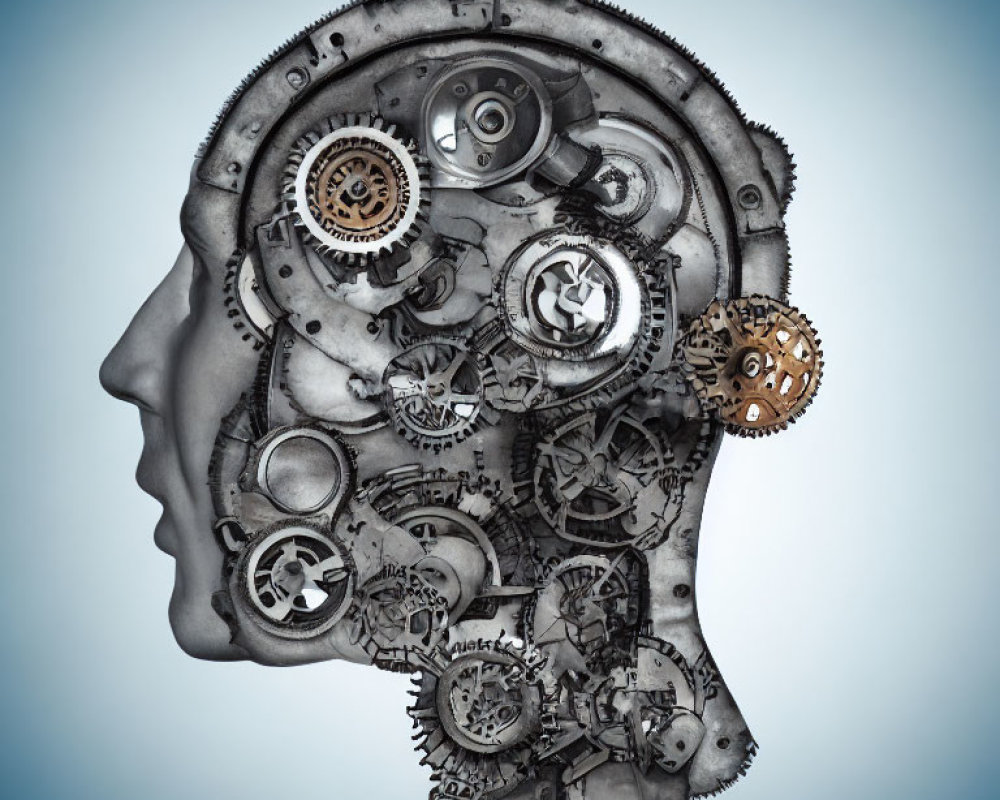 Intricate mechanical gears and cogs in human head silhouette on blue background