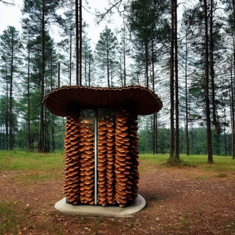 Mushroom-shaped Structure of Stacked Logs in Forest Clearing