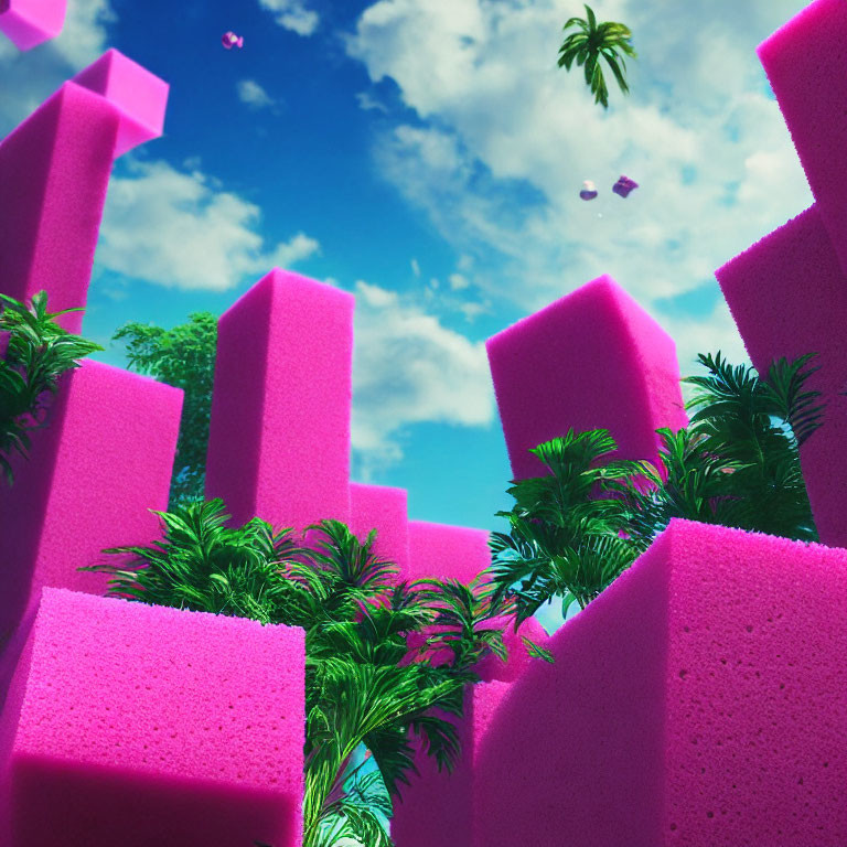 Vibrant pink sponge-like towers with palm trees under blue sky