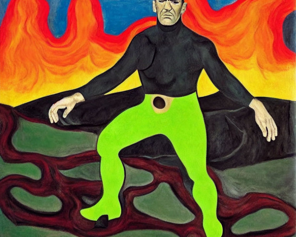 Muscular man in black and green against fiery waves