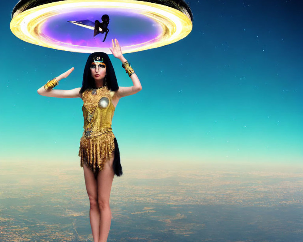 Woman in Egyptian goddess costume with surreal UFO and silhouetted figure against Earth backdrop
