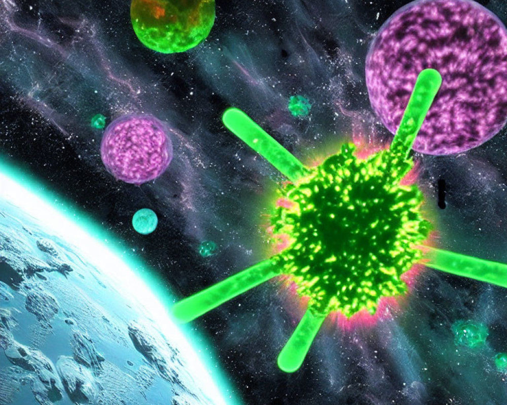 Colorful oversized virus with spike proteins near Earth in vibrant illustration.
