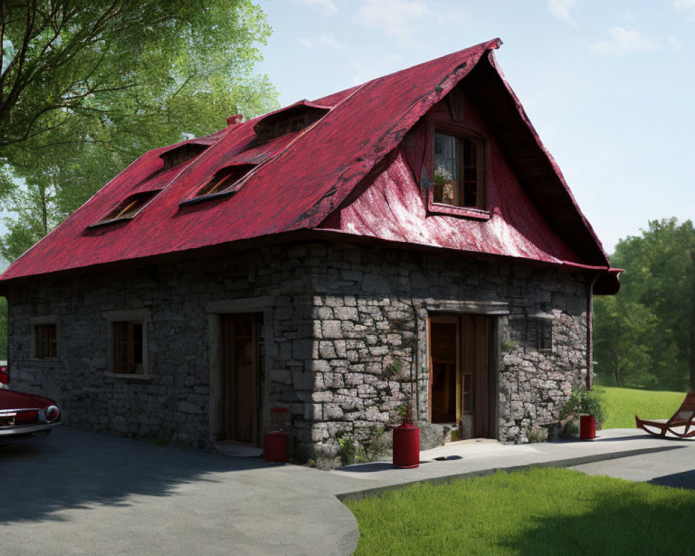 Stone house with red roof, greenery, red car, and picnic table