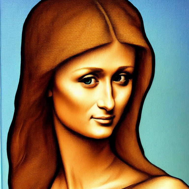 Stylized painting of woman with mysterious smile in brown cloth on blue background