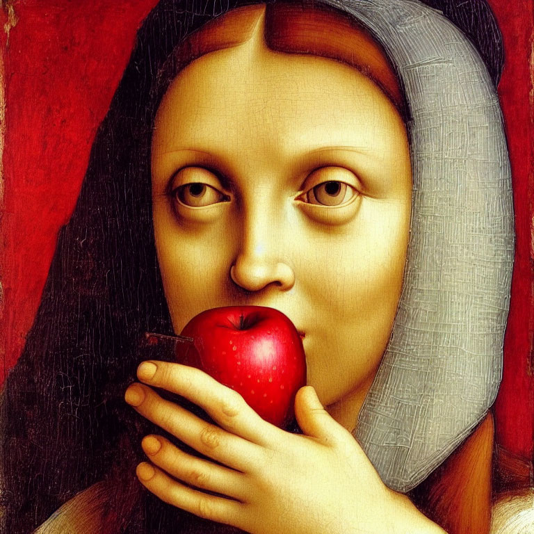 Famous art reinterpreted with a modern twist: Mona Lisa holding a red apple.