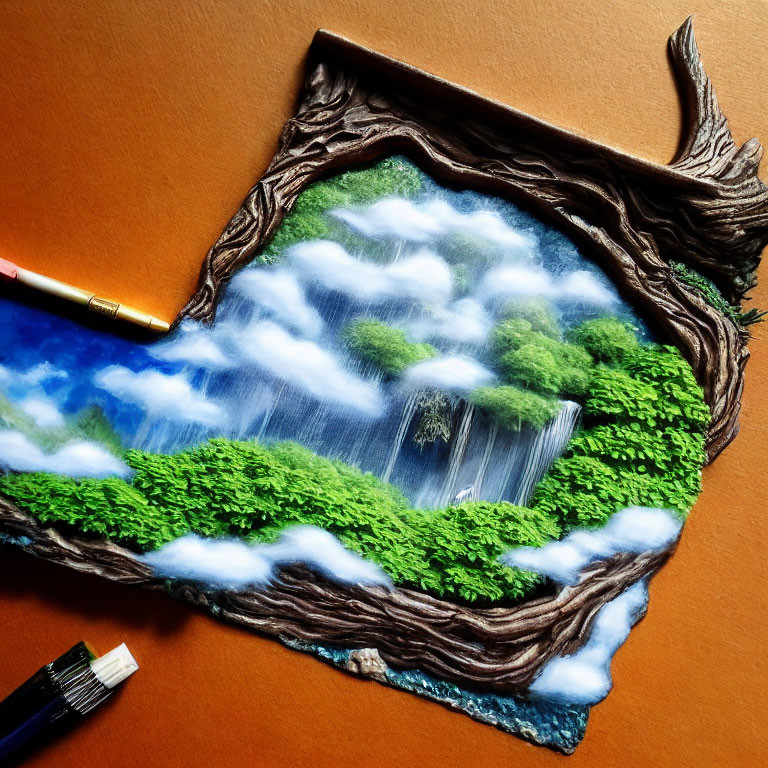 Detailed 3D nature scene with waterfall, trees, and blue sky on paper.