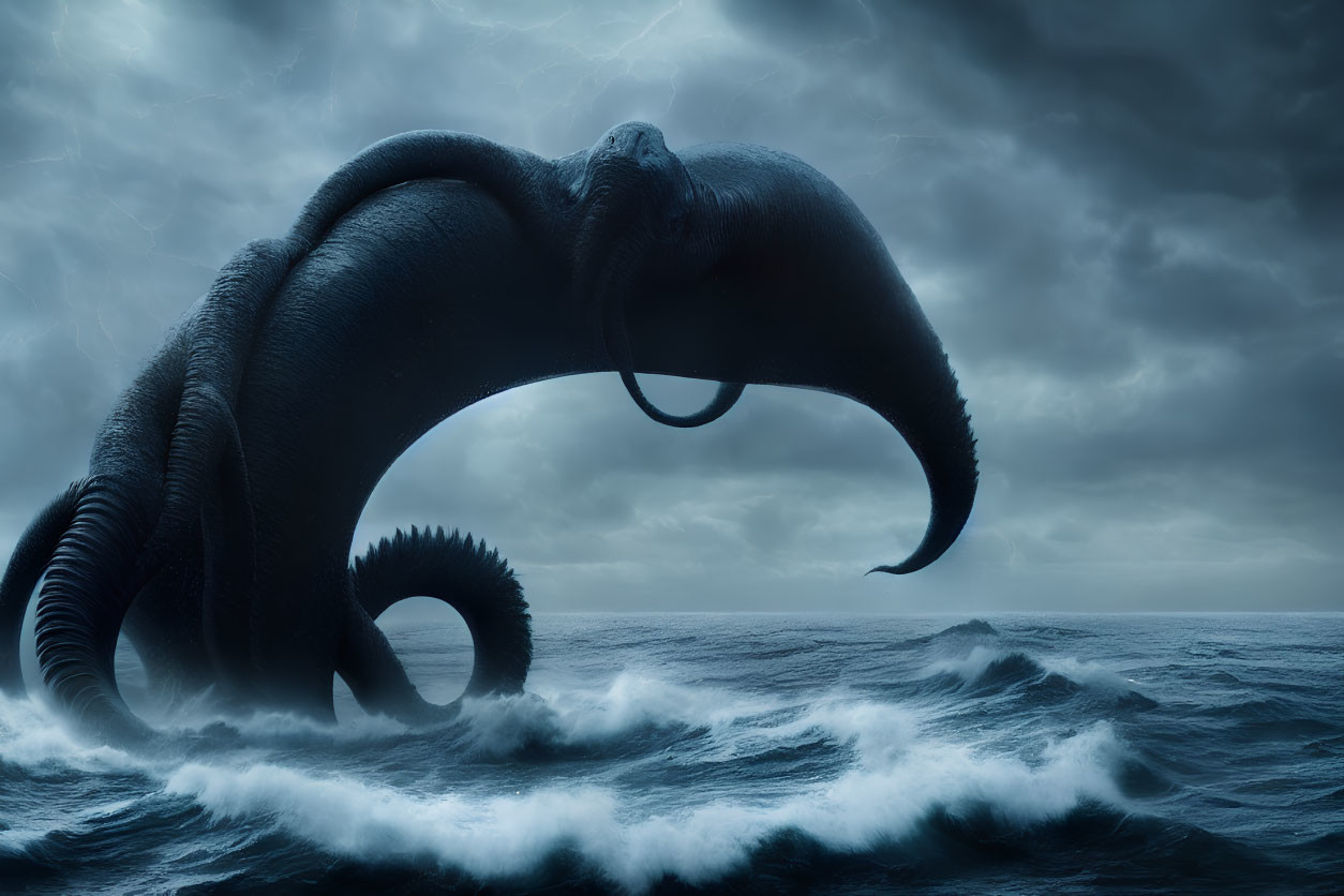 Giant surreal elephant blending into stormy sea waves