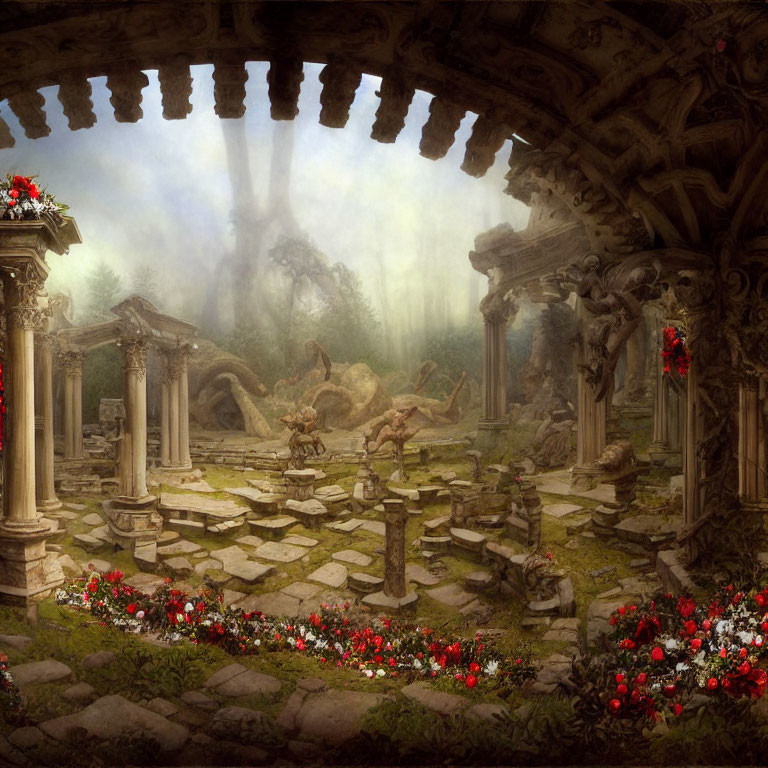 Mystical forest scene with ancient ruins, vibrant flowers, and graceful deer