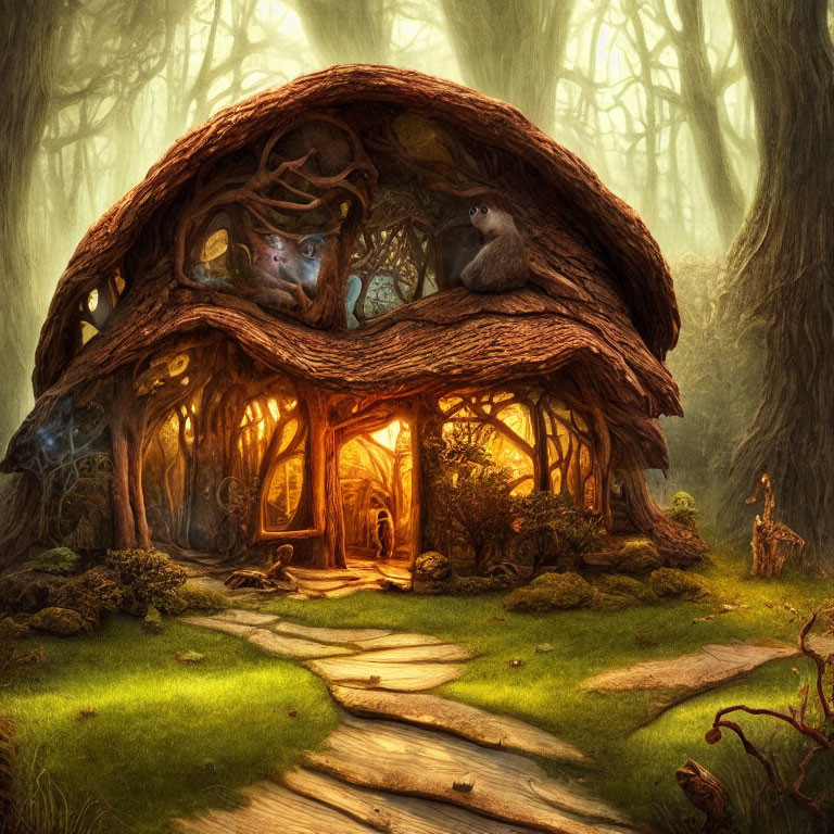 Enchanting forest scene with cozy treehouse and magical ambiance