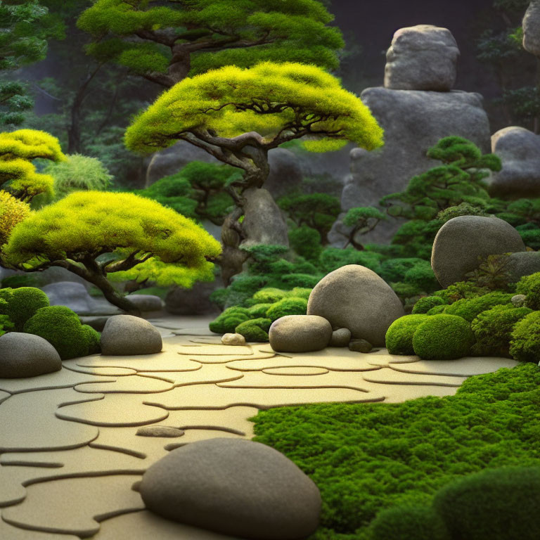 Tranquil Zen garden with moss-covered rocks, raked sand, and bonsai trees