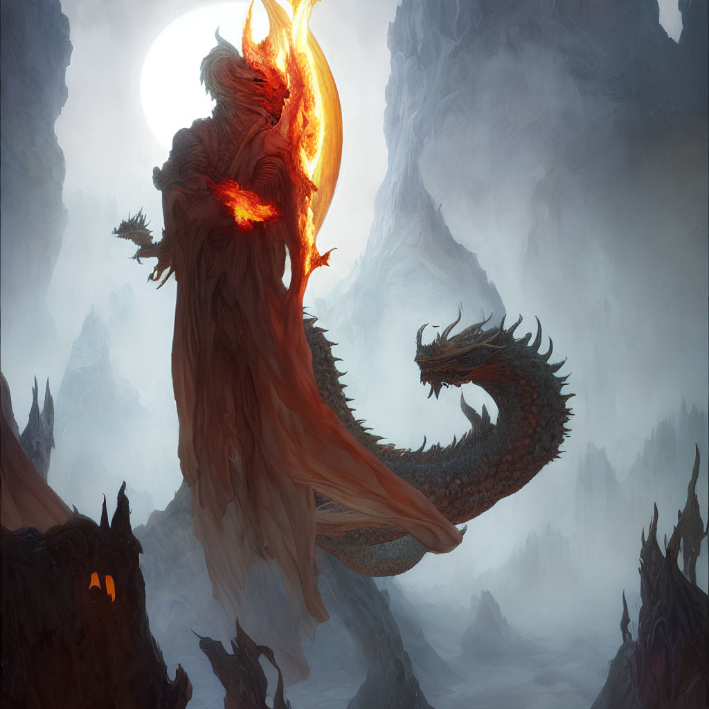 Majestic dragon with fiery wings on craggy peak against moonlit mountains