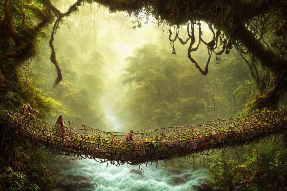 Mystical forest scene with ancient rope bridge and figures crossing