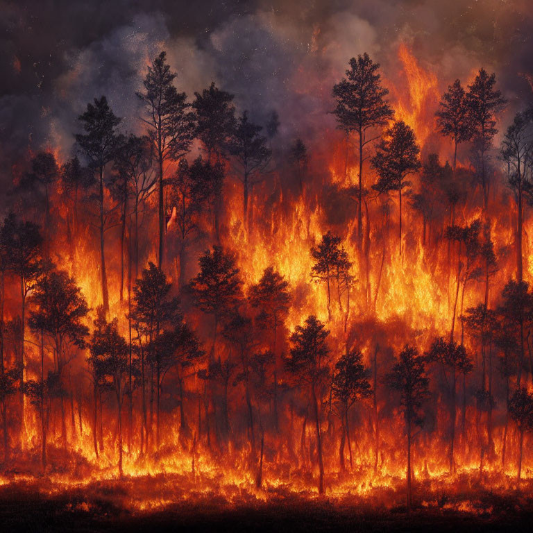 Intense forest fire with engulfed trees and dense smoke against dark sky