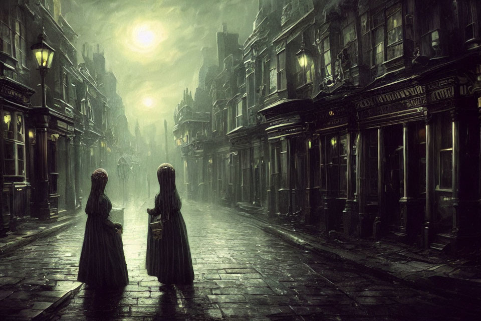 Two cloaked figures on dimly lit cobblestone street at night