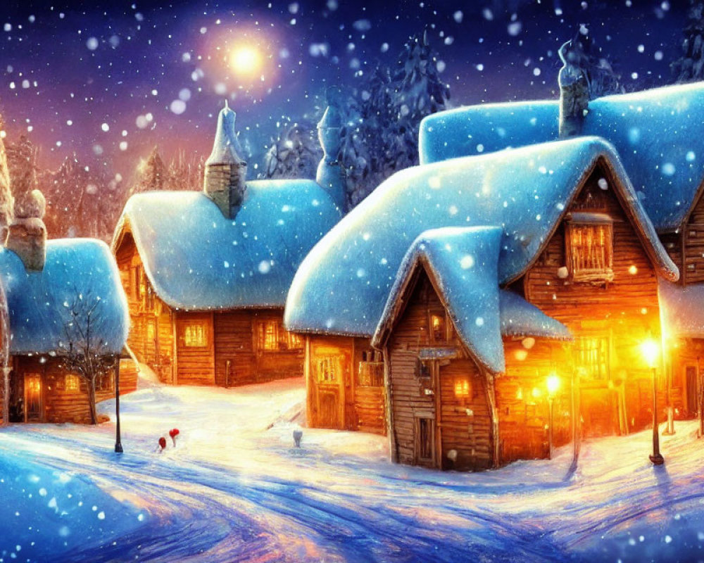 Winter scene: Snow-covered wooden houses under twilight sky