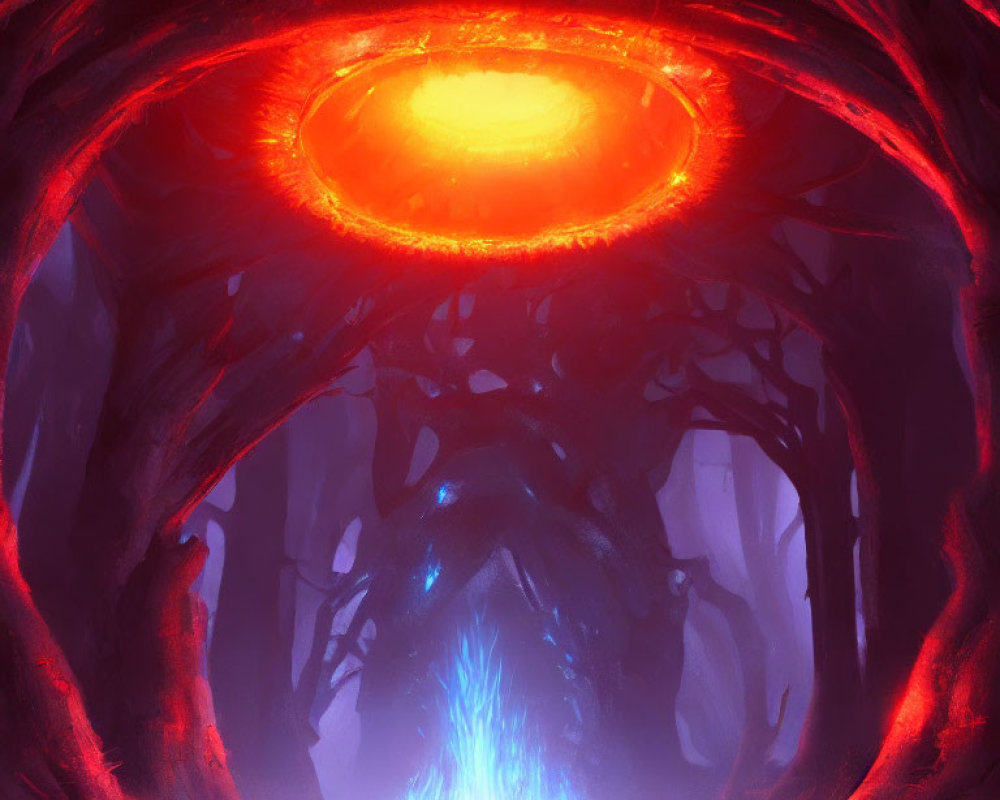Eye-shaped fiery structure above blue crystal in dark cave with twisted branches