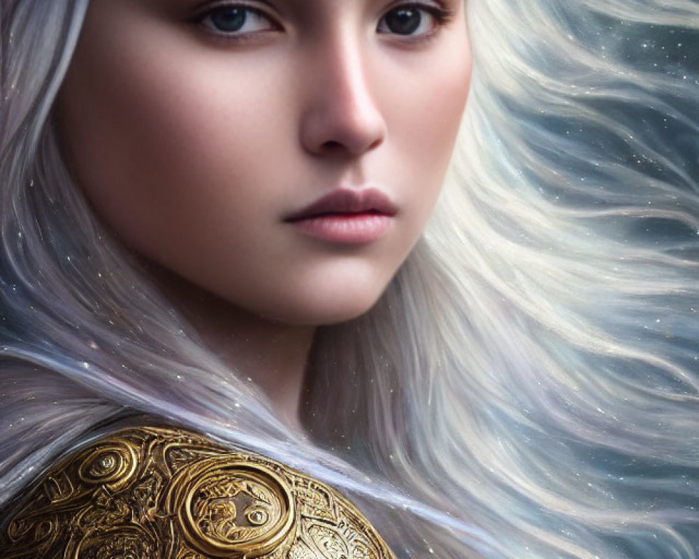Ethereal woman in golden armor with blue eyes and stars