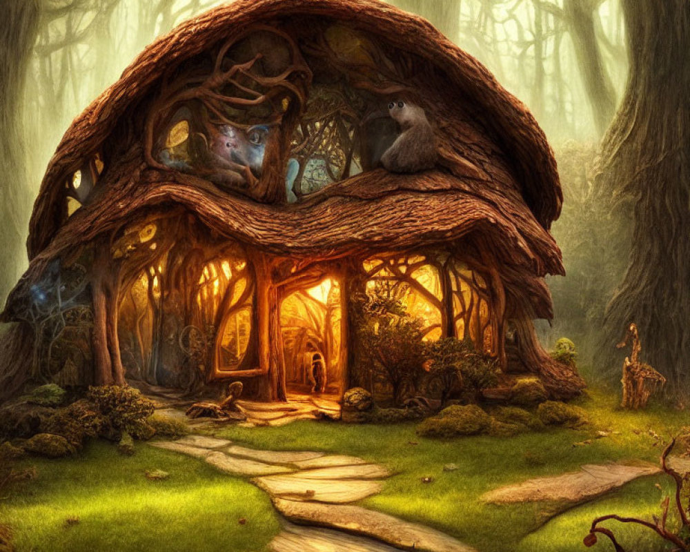 Enchanting forest scene with cozy treehouse and magical ambiance