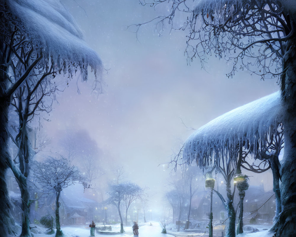 Snow-covered trees and glowing street lamps in serene winter twilight.