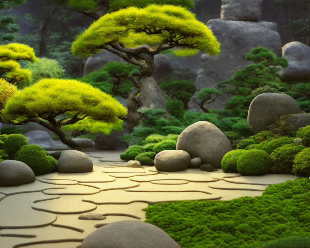 Tranquil Zen garden with moss-covered rocks, raked sand, and bonsai trees