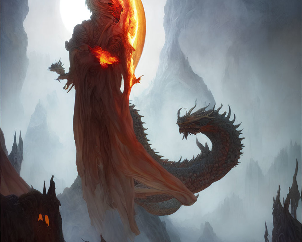 Majestic dragon with fiery wings on craggy peak against moonlit mountains