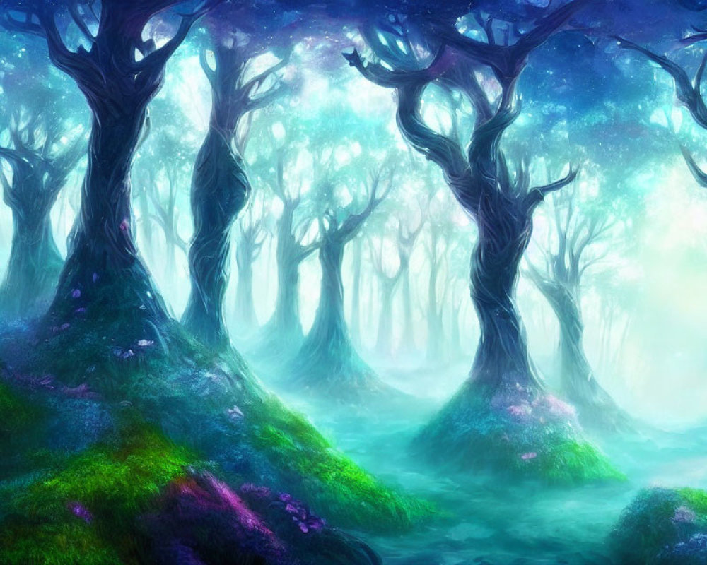 Misty forest with twisted trees and purple flowers