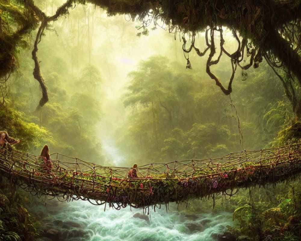Mystical forest scene with ancient rope bridge and figures crossing
