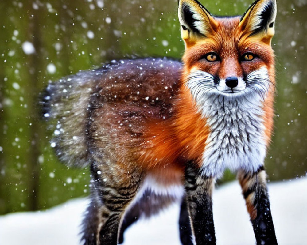 Red fox in snow with falling snowflakes, vibrant and attentive
