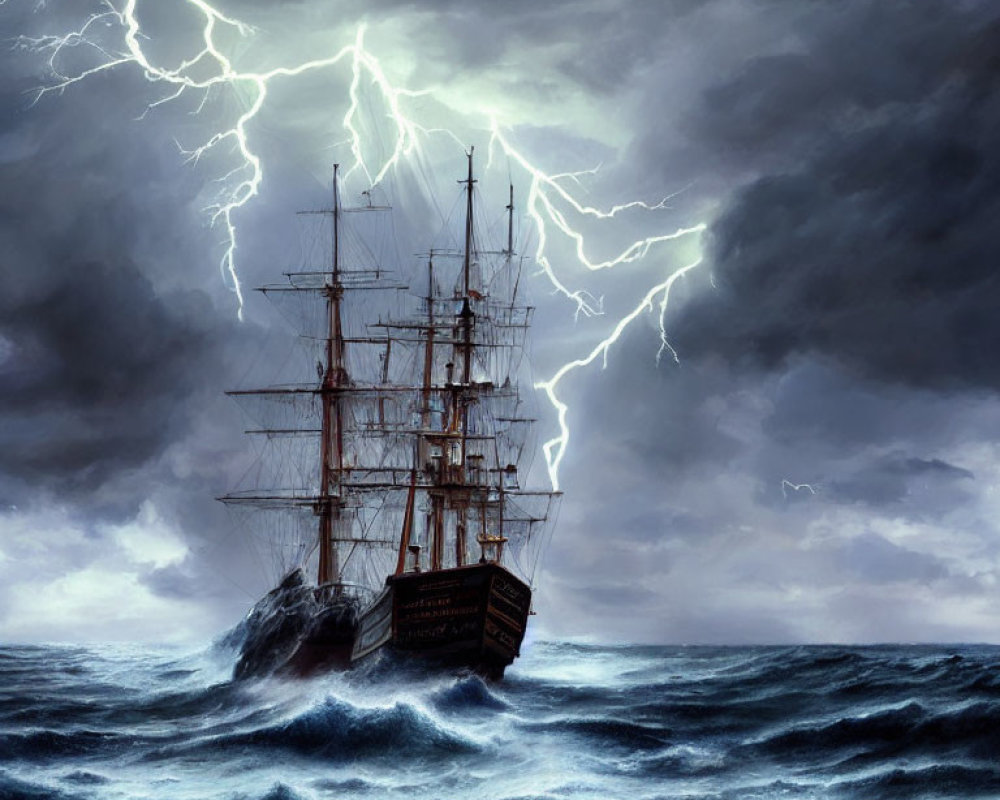 Stormy seas with lightning strikes: A ship navigating turbulent waters.