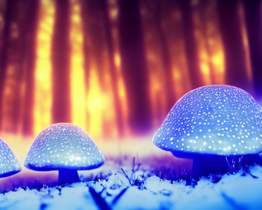 Three glowing mushrooms in snowy forest setting